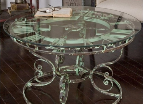 Стеклянный стол с кованым циферблатом СТЛ-007