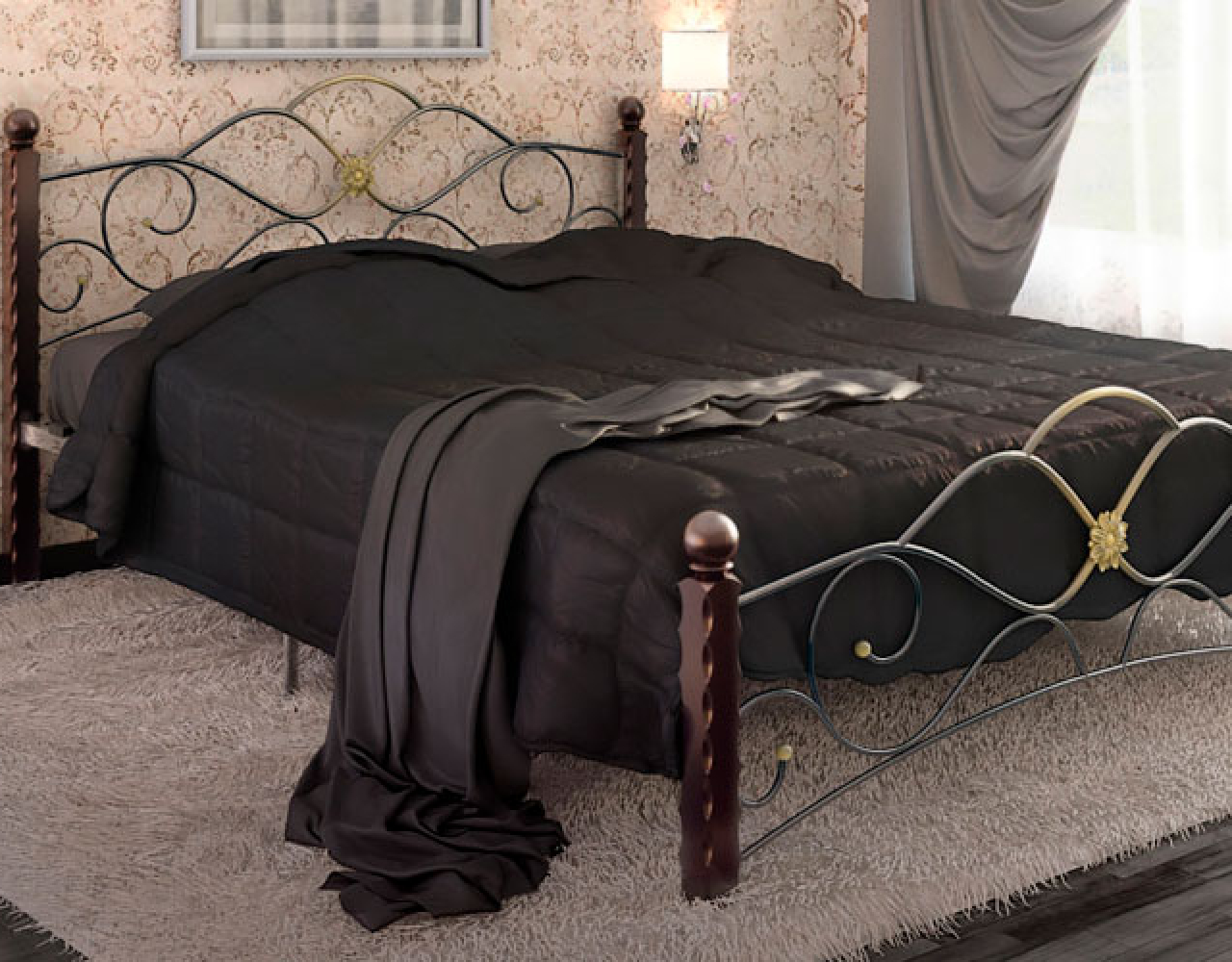 Кованая кровать с золотой розеткой и навершиями КРВ-027