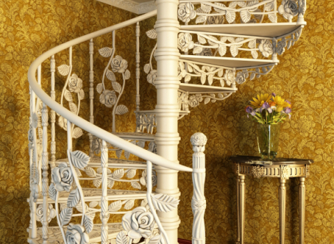 Белая кованая лестница с розами КЛ-038