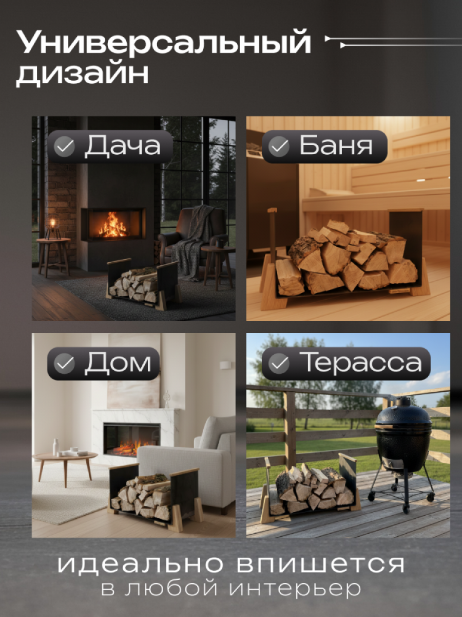 Дровница металлическая с дубовыми вставками цвет - черный